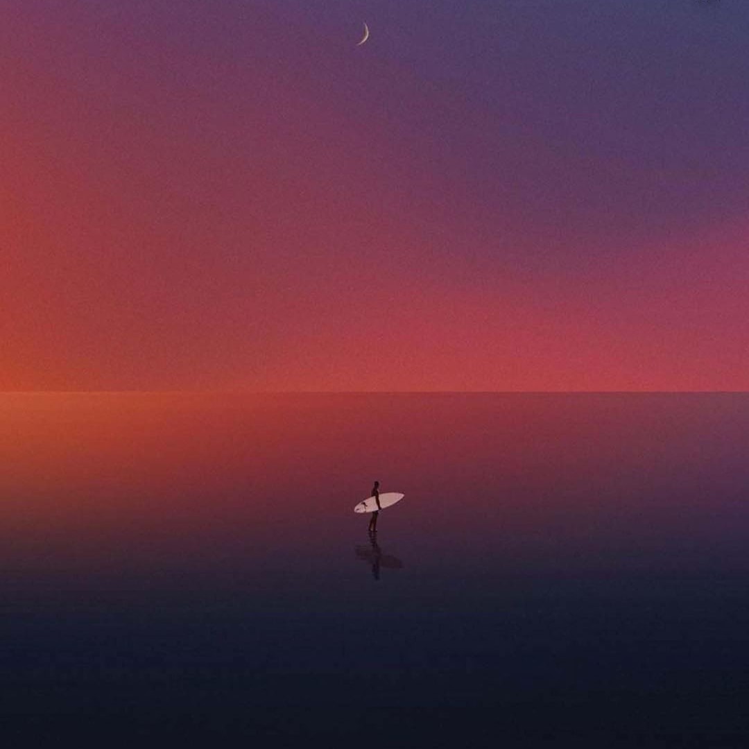 A lone surfer standing on still water under a magenta dusk and a thin crescent moon.